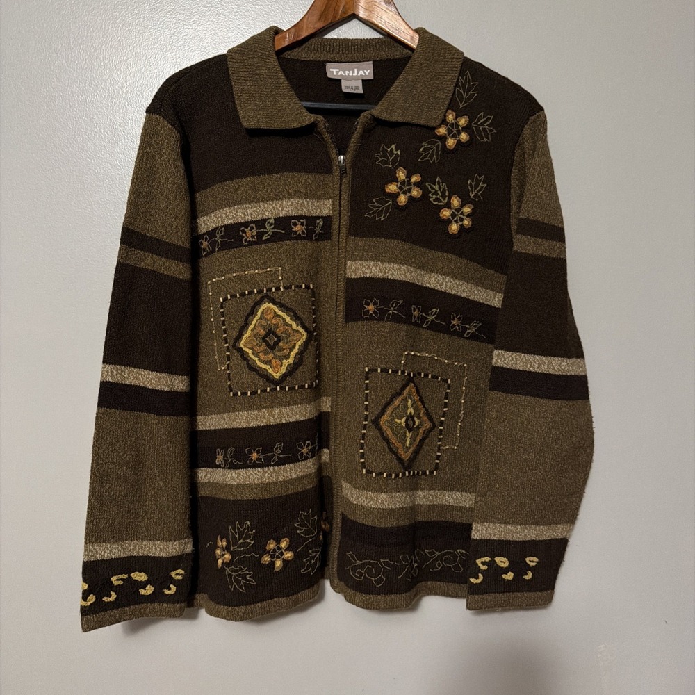 TanJay Womens Sweater Sz L Embroidered Floral Brown Full Zip NWOT